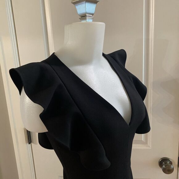 FRENCH CONNECTION Black WHISPER V-Neck RUFFLE Cocktail MINI DRESS -Size US 4 - Picture 8 of 14
